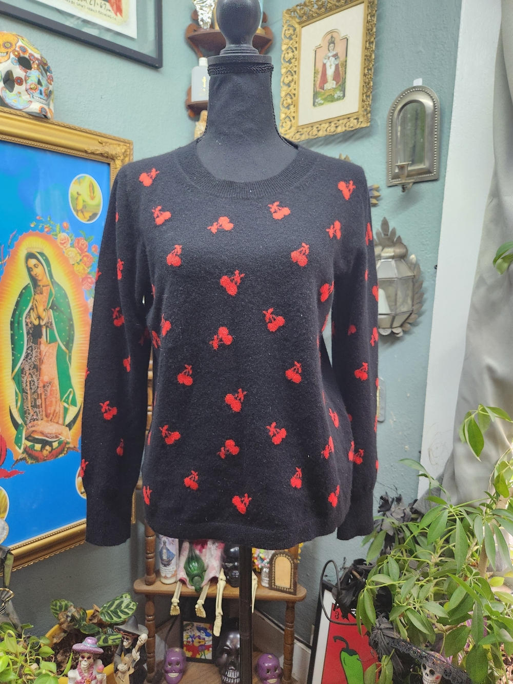 J. Crew Cashmere Black Crewneck Sweater with Red Cherry Motifs